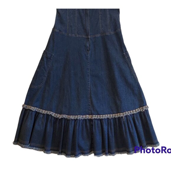 Roamans blue jean Dress size 14p Maxi denim jean fray hem ruffle zip 2 pockets - Picture 5 of 16